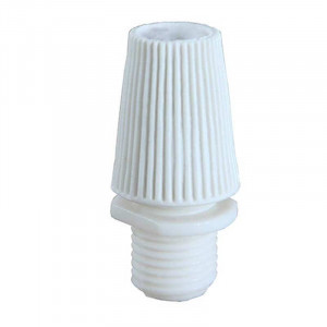 White plastic electrical cable clamp for lamp socket or ceiling rose with M10 thread.