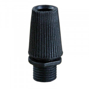 Black plastic electrical cable clamp for lamp socket or ceiling rose with M10 thread.