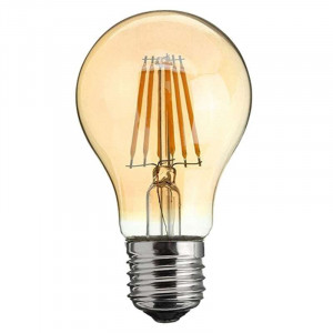 Spherical four-filament LED bulb with E27 base in amber glass