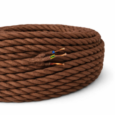 Câble électrique gaine textile torsadé couleur brun chocolat  - trois conducteurs 3 x 0.75mm²
